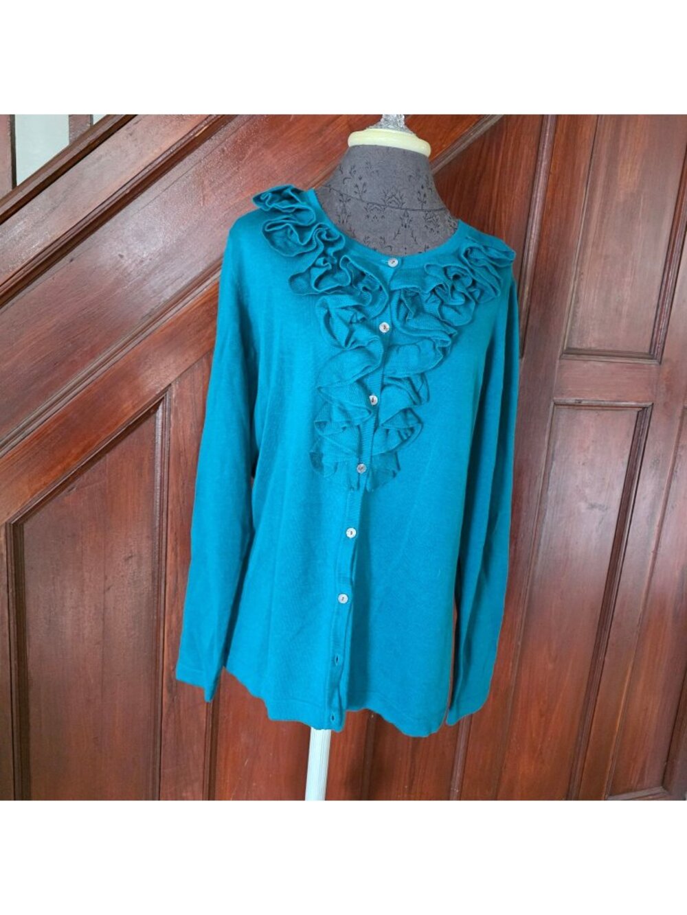 Evan-Picone Women’s Teal Ruffle Front Cardigan Button-Up Sweater Size 1X